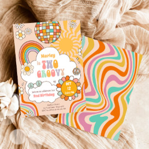 Två Groovy Retro 70-talets Regnbågflicka 2:a födel Inbjudningar