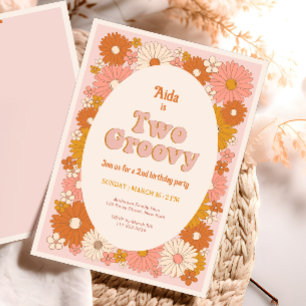 Två Groovy Retro Blommigt 2:a födelsedagsinbjudan Inbjudningar