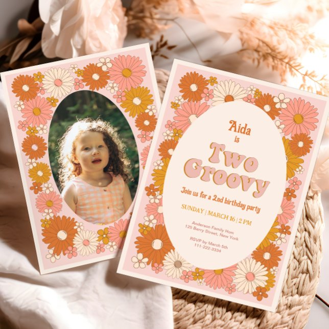 Två Groovy Retro Blommigt 2:a födelsedagsinbjudan Inbjudningar (Skapare uppladdad)