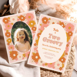 Två Groovy Retro Blommigt 2:a födelsedagsinbjudan Inbjudningar