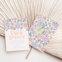 Två Groovy Retro-Blommigt, andra födelsedagsinbjud