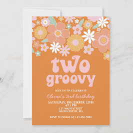 två Groovy Retro-Blommigten 2:a födelsedag Inbjudningar