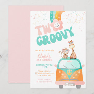 Två Groovy Retro-Blommigtens regnbågsfödelsedag fö Inbjudningar