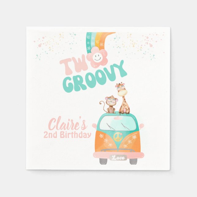 Två Groovy Retro-Blommigtens regnbågsfödelsedag fö Pappersservett (Framsidan)