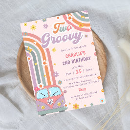 Två Groovy Retro-Daisy 2:a födelsedagen Party Inbjudningar