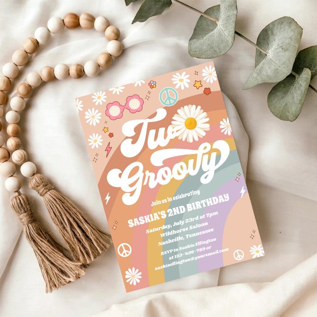 Två Groovy Retro Daisy 2-års födelsedagsinbjudan Inbjudningar (Skapare uppladdad)