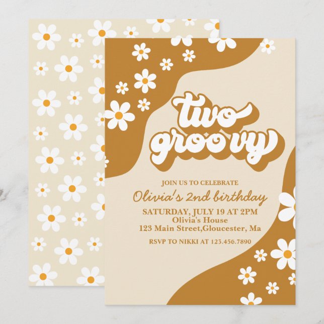 Två Groovy Retro Daisy 2-års födelsedagsinbjudan Inbjudningar (Fram/baksida)