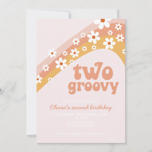 Två Groovy Retro daisy boho blommigt andra födelse Inbjudningar