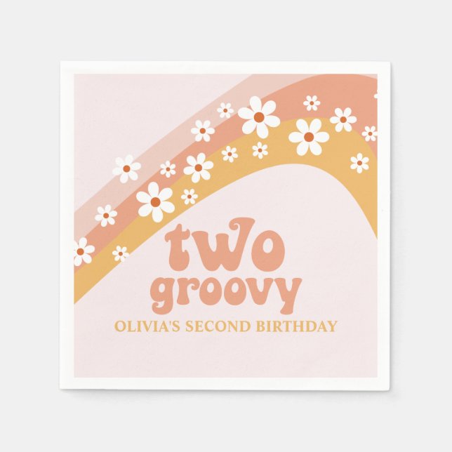Två Groovy Retro Daisy Boho Rainbow Napkins Pappersservett (Framsidan)