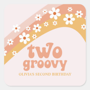 Två Groovy Retro Daisy Boho Rainbow Square Sticker Fyrkantigt Klistermärke