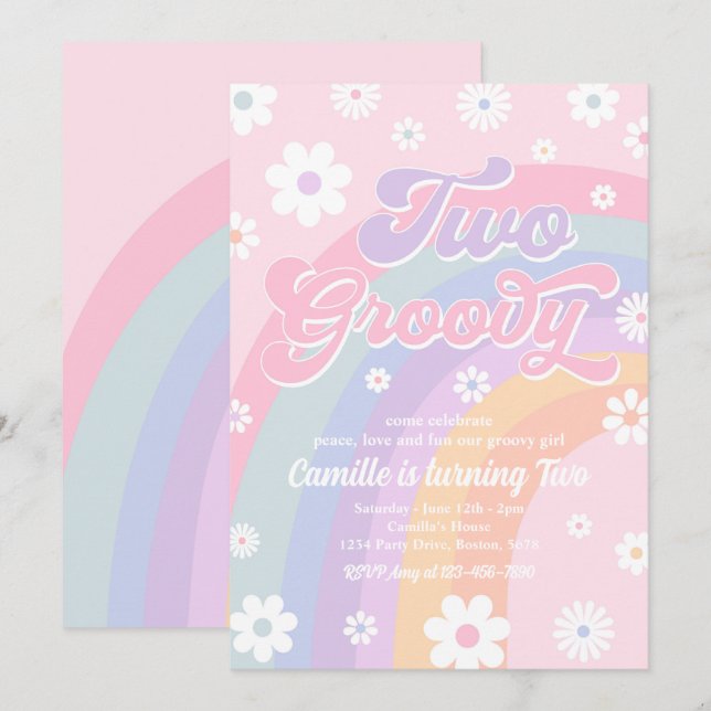 Två Groovy Retro Daisy Pastel Rainbow Birthday Inbjudningar (Fram/baksida)