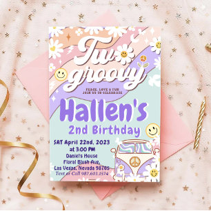 Två Groovy Retro Daisy Regnbåge 2:a födelsedag Inbjudningar
