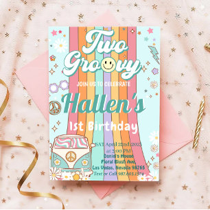 Två Groovy Retro Daisy Regnbåge 2:a födelsedag Inbjudningar
