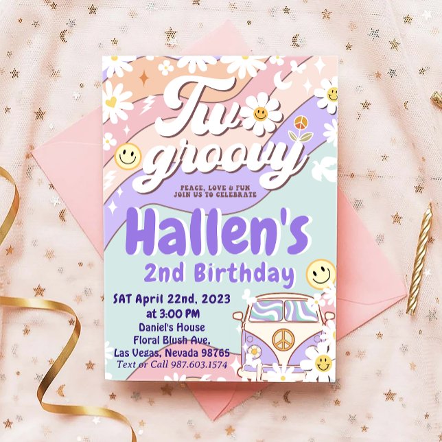 Två Groovy Retro Daisy Regnbåge 2:a födelsedag Inbjudningar (Skapare uppladdad)
