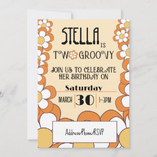 Två Groovy Retro Orange Flower Power 2-årsfest Inbjudningar