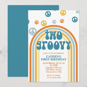 Två Groovy Retro Pojke 2-års Födelsedagsinbjudan Inbjudningar