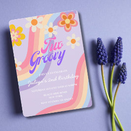 Två Groovy Retro Rainbow 2:a födelsedagen Inbjudningar