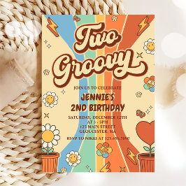 Två Groovy Retro Rainbow 2:a födelsedagen Party Inbjudningar
