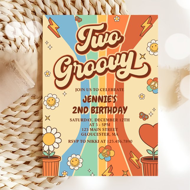 Två Groovy Retro Rainbow 2:a födelsedagen Party Inbjudningar (Skapare uppladdad)