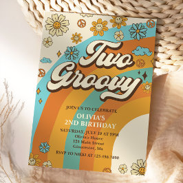 Två Groovy Retro Rainbow 2:a födelsedagen Party Inbjudningar