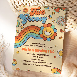 Två Groovy Retro Rainbow 2:a födelsedagen Party Inbjudningar