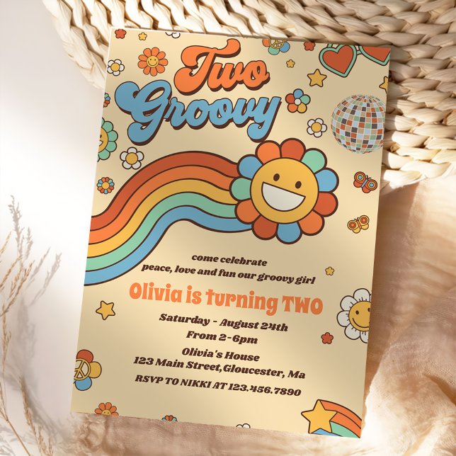 Två Groovy Retro Rainbow 2:a födelsedagen Party Inbjudningar (Skapare uppladdad)