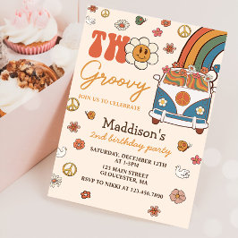 Två Groovy Retro Rainbow 2:a födelsedagen Party Inbjudningar