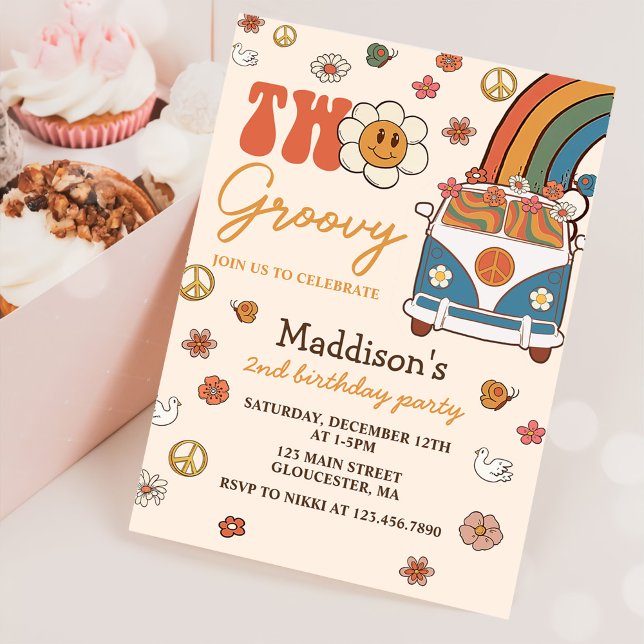 Två Groovy Retro Rainbow 2:a födelsedagen Party Inbjudningar (Skapare uppladdad)
