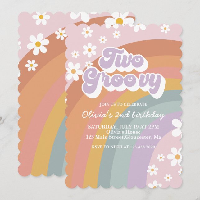 Två Groovy Retro Rainbow 2:a födelsedagsinbjudan Inbjudningar (Fram/baksida)