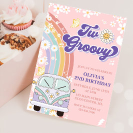Två Groovy Retro Rainbow 2:a födelsedagsinbjudan Inbjudningar