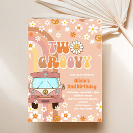 Två Groovy Retro Rainbow 2:a födelsedagsinbjudan Inbjudningar