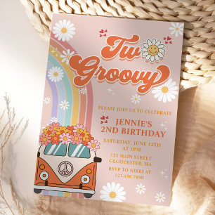 Två Groovy Retro Rainbow 2:a födelsedagsinbjudan Inbjudningar