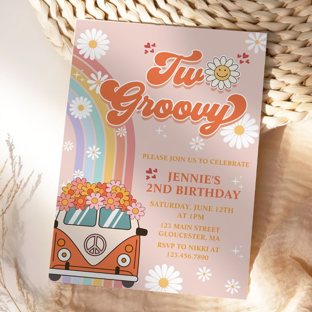 Två Groovy Retro Rainbow 2:a födelsedagsinbjudan Inbjudningar (Skapare uppladdad)