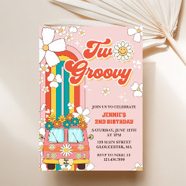 Två Groovy Retro Rainbow 2:a födelsedagsinbjudan Inbjudningar