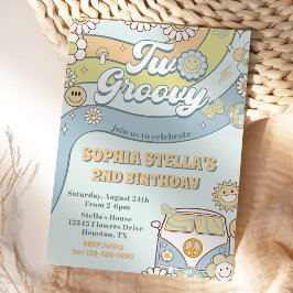 Två Groovy Retro Rainbow 2-års Födelsedagsfest Inbjudningar