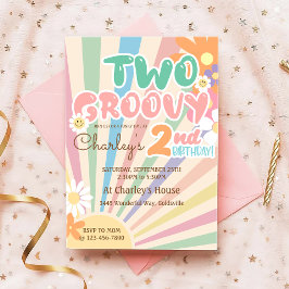 Två Groovy Retro Sunshine Daisy Boho 2:a födelseda Inbjudningar