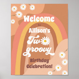 Två Groovy Retro Välkommen Hippie Daisy Birthday Poster
