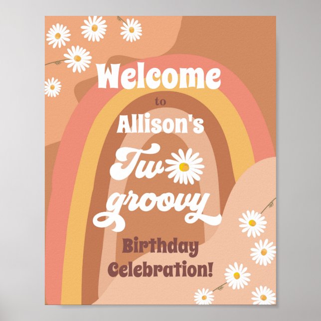 Två Groovy Retro Välkommen Hippie Daisy Birthday Poster (Framsidan)