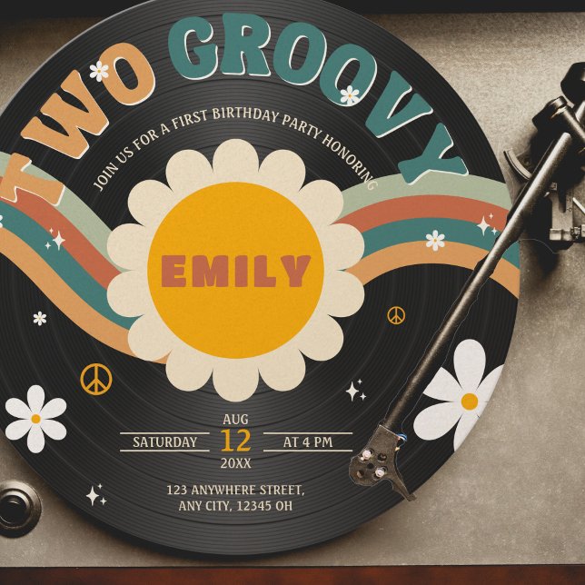 Två Groovy Retro Vinyl Record Girl's 2nd Birthday Inbjudningar (Skapare uppladdad)