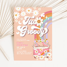 Två Groovy Rosa Daisy Rainbow Hippie 2:a födelseda Inbjudningar
