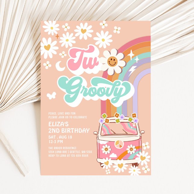 Två Groovy Rosa Daisy Rainbow Van 2:a födelsedagen Inbjudningar (Skapare uppladdad)