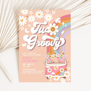 Två groovy rosa tusenskönor regnbåge hippie 2-års inbjudningar
