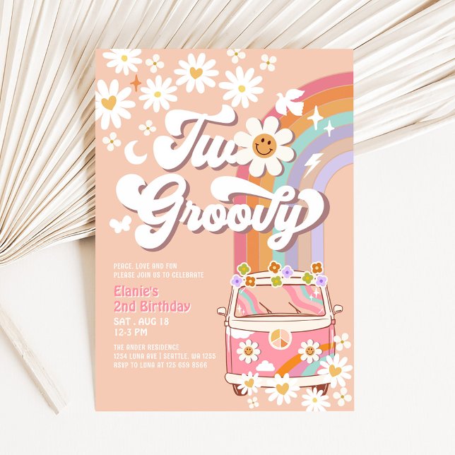 Två Groovy Rosa Tusenskönor Regnbåge Hippie 2-års  Inbjudningar (Skapare uppladdad)