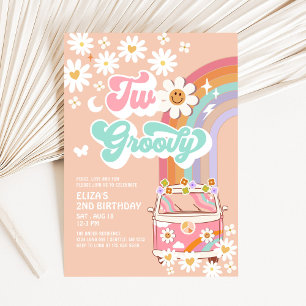 Två Groovy Rosa Tusenskönor Regnbåge Van 2-års Föd Inbjudningar