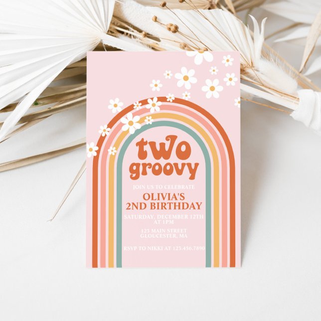 Två groovy tusenskönor boho blommig regnbåge 2-års inbjudningar (Skapare uppladdad)