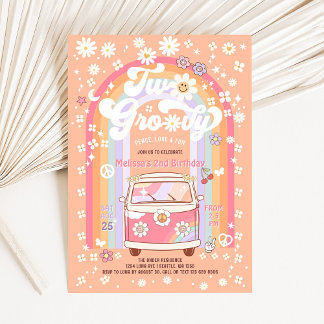 TVÅ Groovy Van Daisy Hippie 70s 2-års födelsedag Inbjudningar