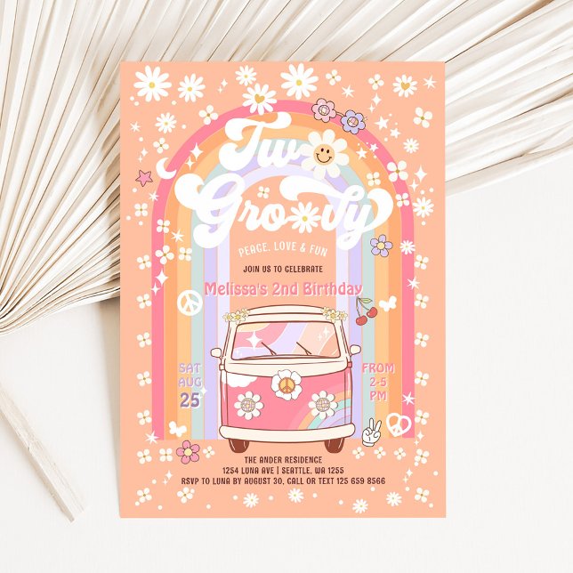 TVÅ Groovy Van Daisy Hippie 70s 2-års födelsedag Inbjudningar (Skapare uppladdad)