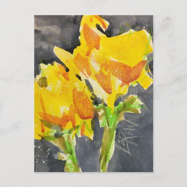 Två Gula blommor Crayon Resistent Painting #241101 Vykort (Framsida)