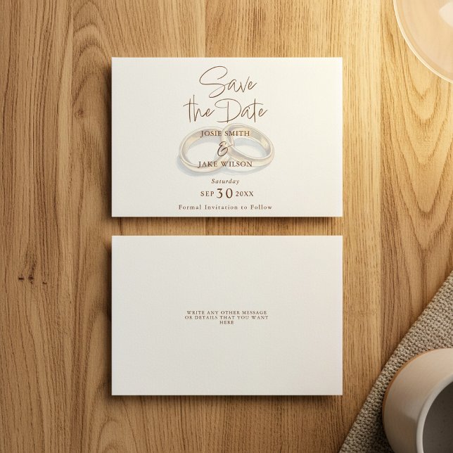 Två guld bröllop ringar har stängt av datumet för  spara datumet (Two gold wedding rings watercolor muted save the date card.)