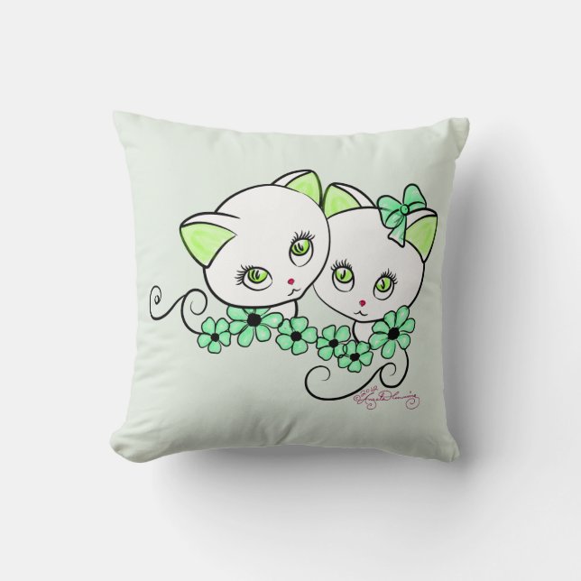 Två gulliga kattungar med daisygrönt kudde (Framsida)